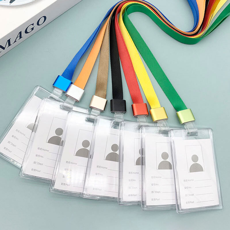 Transparent Sliding Cover Card Holder Students Bus Card Case With Lanyard Business Meeting Pass Tag ID Card Protector Case