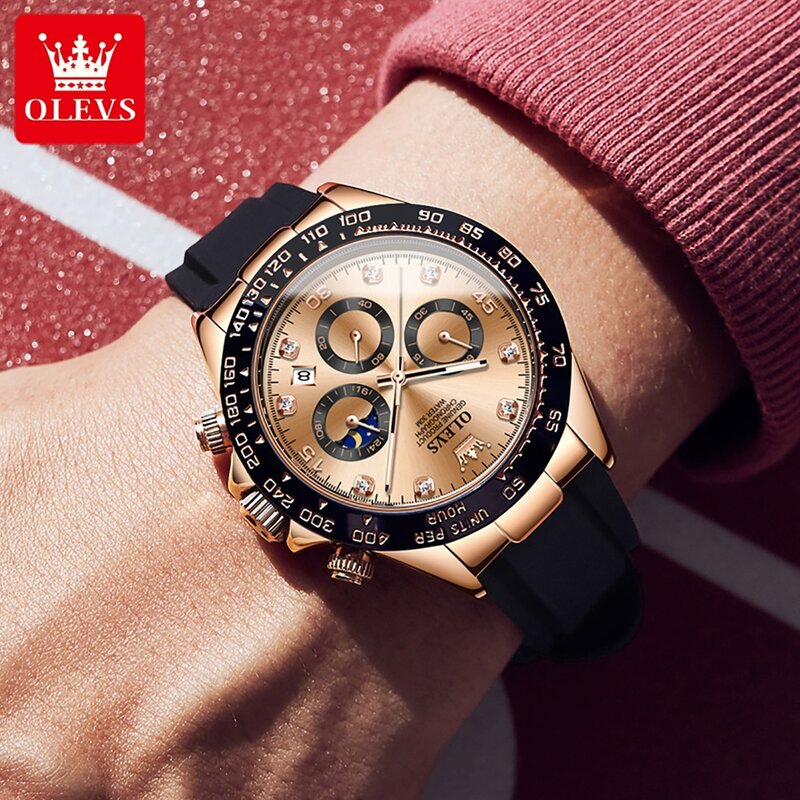 OLEVS New Luxury Moon Phases Quartz Watch for Men Multifunction Sport Waterproof Luminous Date Chronograph Fashion Mens Watches