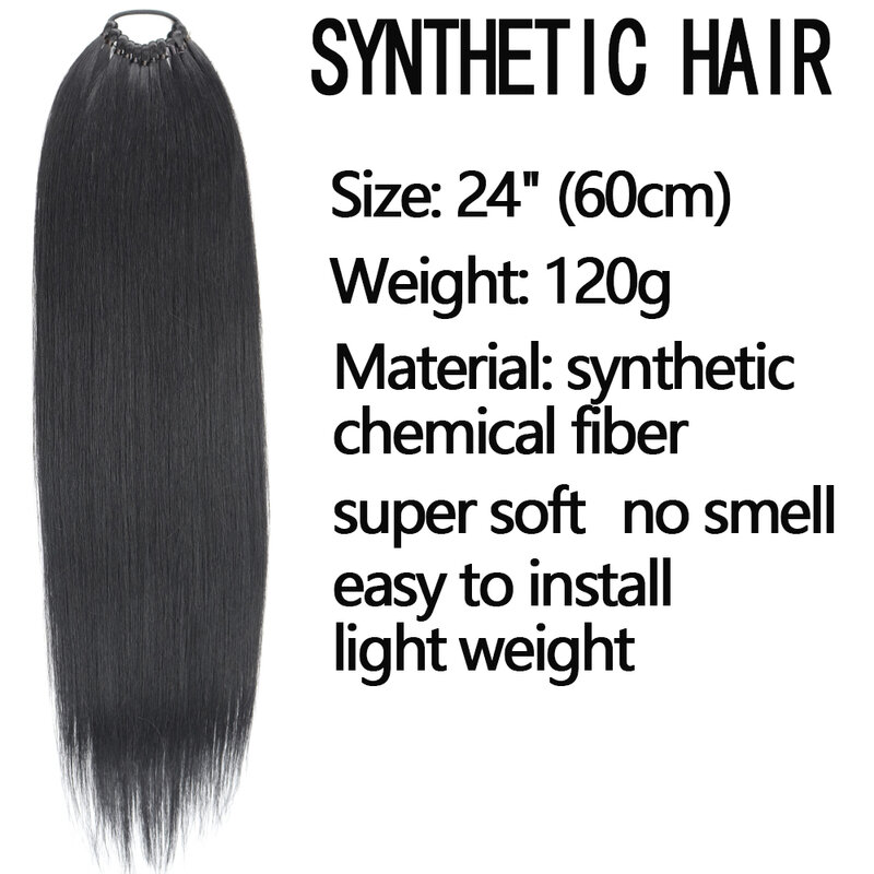 AZQUEEN ekstensi rambut lurus sintetis 24 inci, ekstensi rambut poni tahan panas lurus panjang untuk wanita