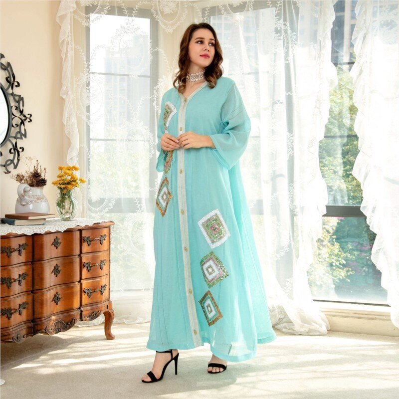 Jupe musulmane en coton et lin avec broderie de fleurs à paillettes sur les quatre côtés, robe de mode élégante