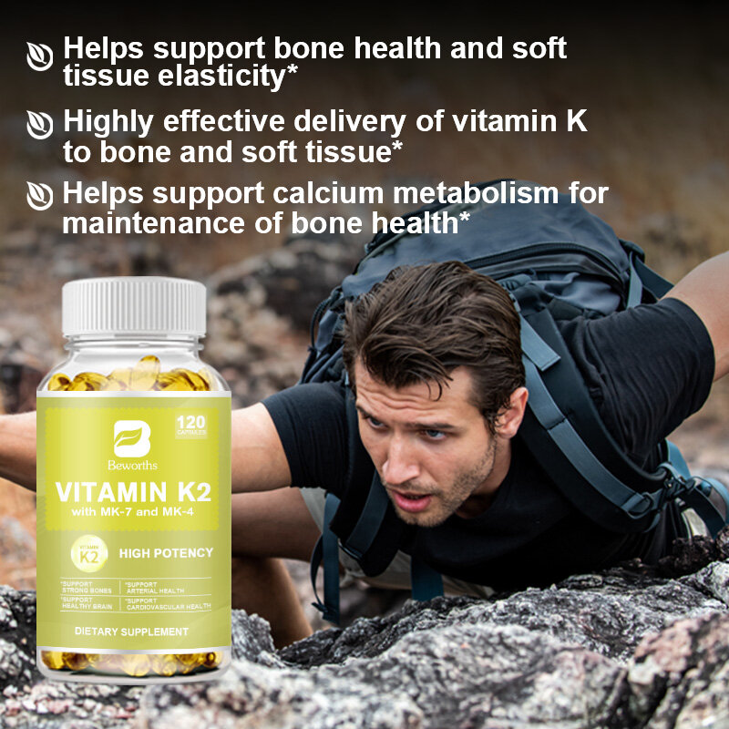 BEWORTHS-كبسولة فيتامين K تحتوي على كل من MK4 و MK7 ، صحة العظام واستقلاب الكالسيوم ، مساعدة القلب والدماغ ، فيتامين K2