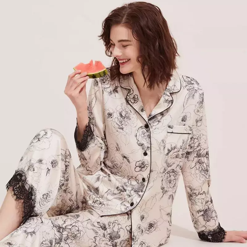 Damen Pyjama Sets Frühling Herbst 2 Stück Blumen druck Pyjama Faux Seide Satin Nachtwäsche Langarm Pijama Mujer Pyjs Homewear