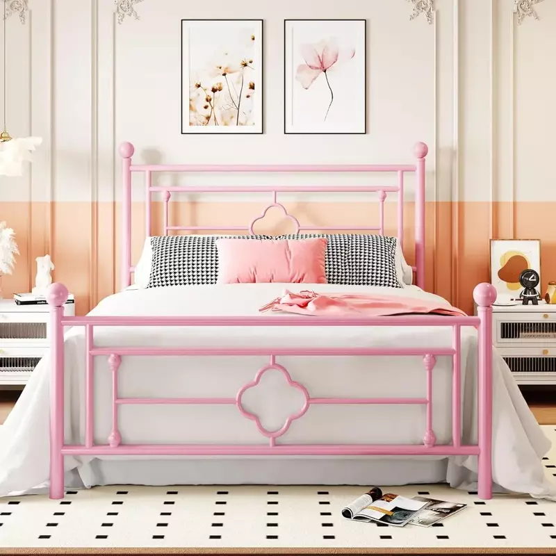 Children's bed with retro headboard and tailboard/no spring/no noise/easy to assemble, pink children's bed