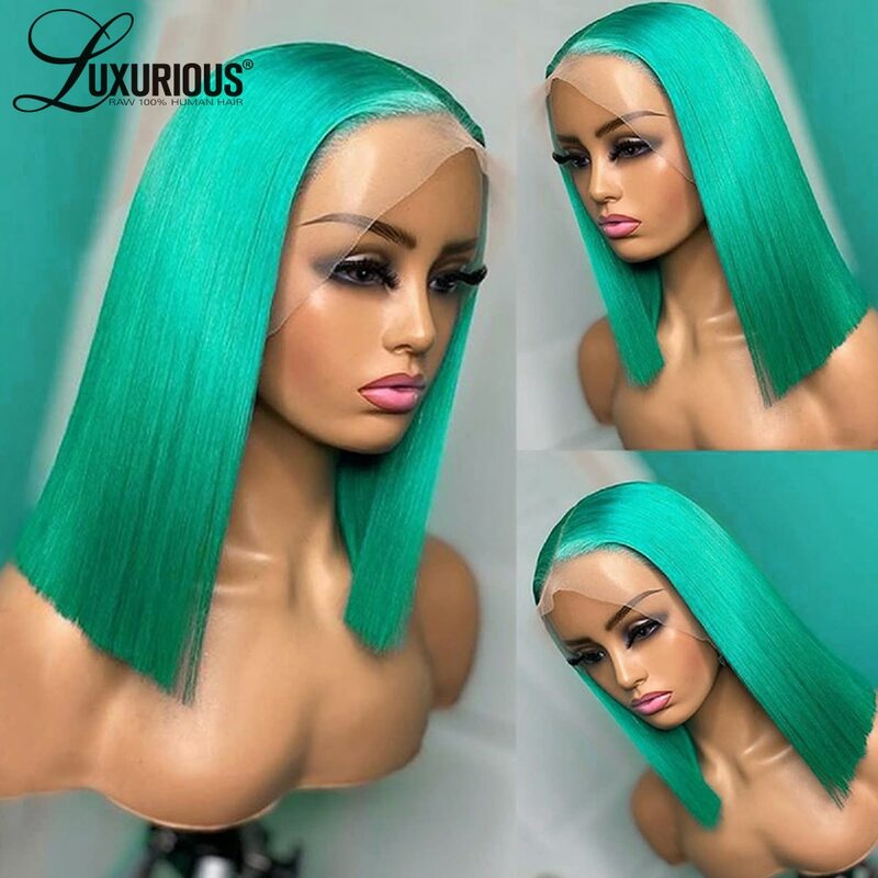 LUXURIOUS 13x4 Mint Green Short Bob Lace Front Human Hair Wigs HD Transparent Straight Colored Frontal Wigs For Women