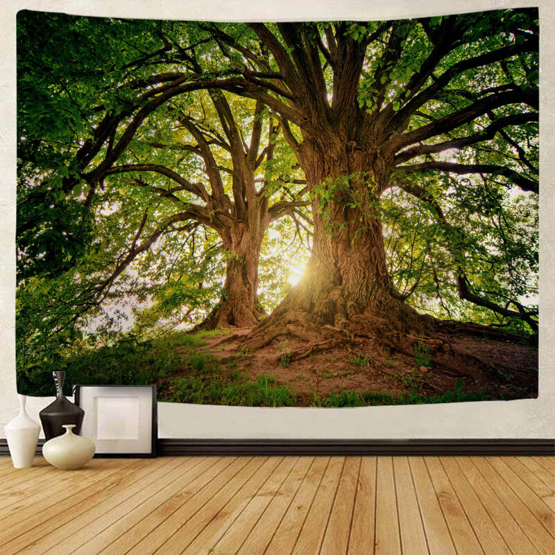 Permadani pohon kuno yang indah, lanskap hutan, kain hiasan dinding, dekorasi seni dinding rumah, kain latar belakang ruang tamu