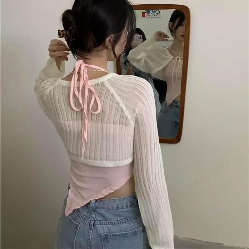 Hollow Out Shrugs Women Lace-up Cropped Knitwear Sun-proof All-match Solid Bolero Tender Sexy Ins Long Sleeve Knitting Outerwear