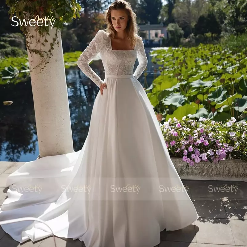 Gaun pernikahan Vintage Satin lembut dengan bordir renda A-Line gaun pesta lengan penuh kerah persegi gaun pengantin kancing jubah De Mari