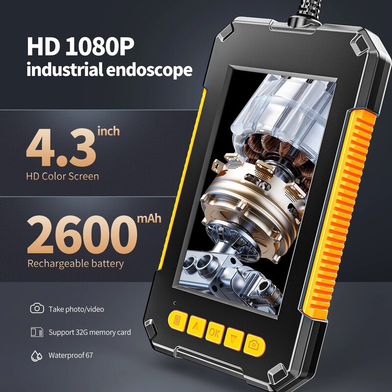 Câmera industrial do endoscópio, câmera do esgoto com LED, única lente dupla, endoscópio da inspeção do carro, IP68 impermeável, 1080p, 4,3 ", HD1080p