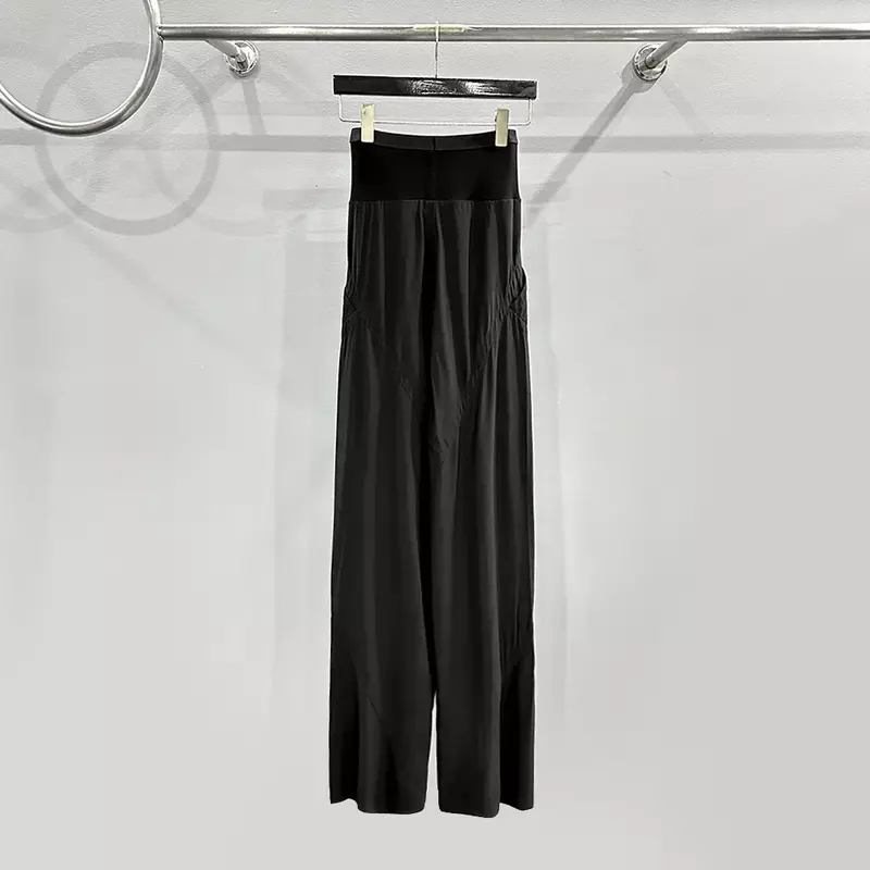 여성용 스플라이싱 디자인 바지, 블랙 단색 탄성 허리, 전체 길이 스트리트웨어, 여성 의류
