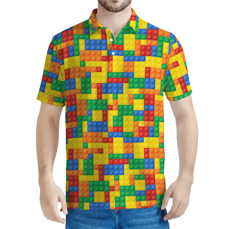Polo con patrón de bloques de construcción coloridos para hombre y niño, 3d Camiseta con estampado, camiseta de manga corta de calle de verano, camisetas Y2k, camiseta suelta