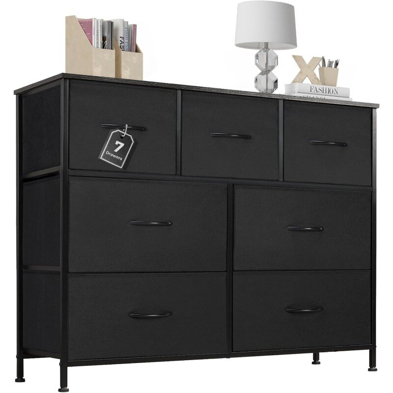 Dresser for Bedroom with 7 Drawers, Clothes Drawer Fabric Closet Organizer, Dresser with Metal Frame and Wood Tabletop