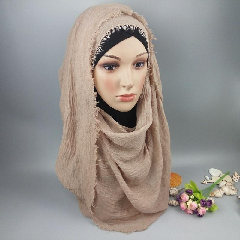 Женский однотонный головной платок из хлопка и льна, новый плиссированный однотонный шерстяной головной убор с зелеными краями для женщин