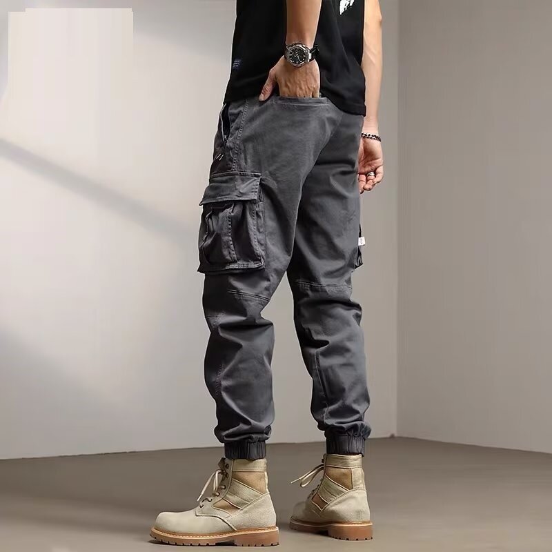 Calça de carga sólida solta masculina com vários bolsos, calça tática casual de trabalho, calça reta, macacão de caminhada ao ar livre masculino