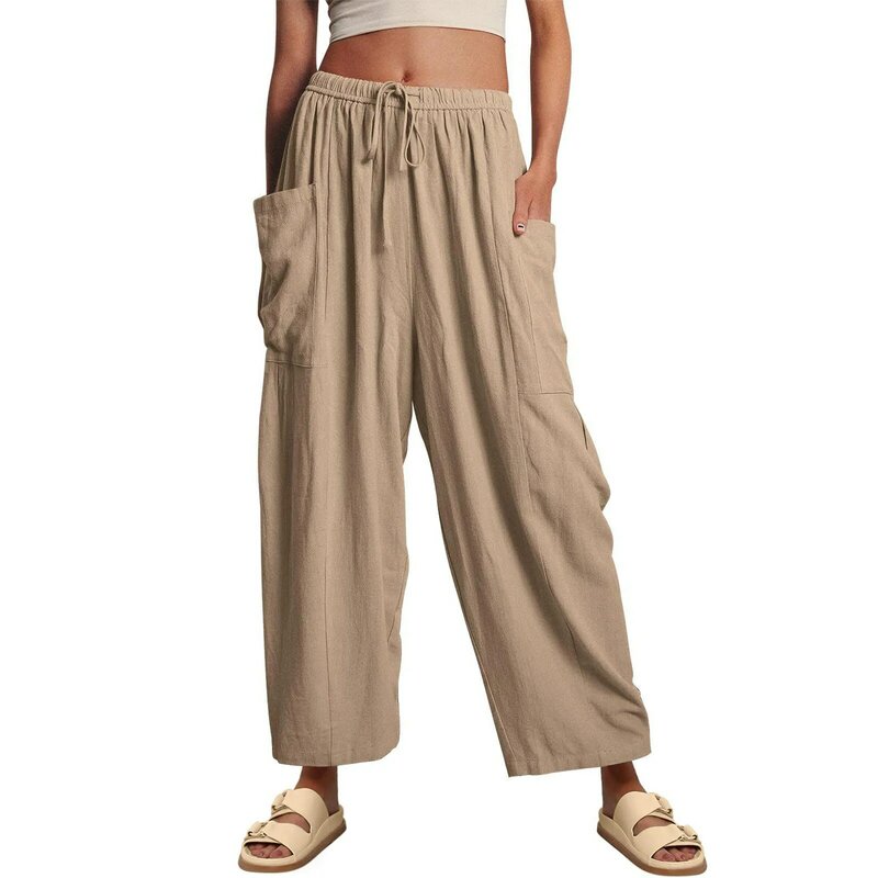 Pantaloni a gamba larga a vita alta pieghettati in vita elastica da donna pantaloni larghi Casual in cotone e lino
