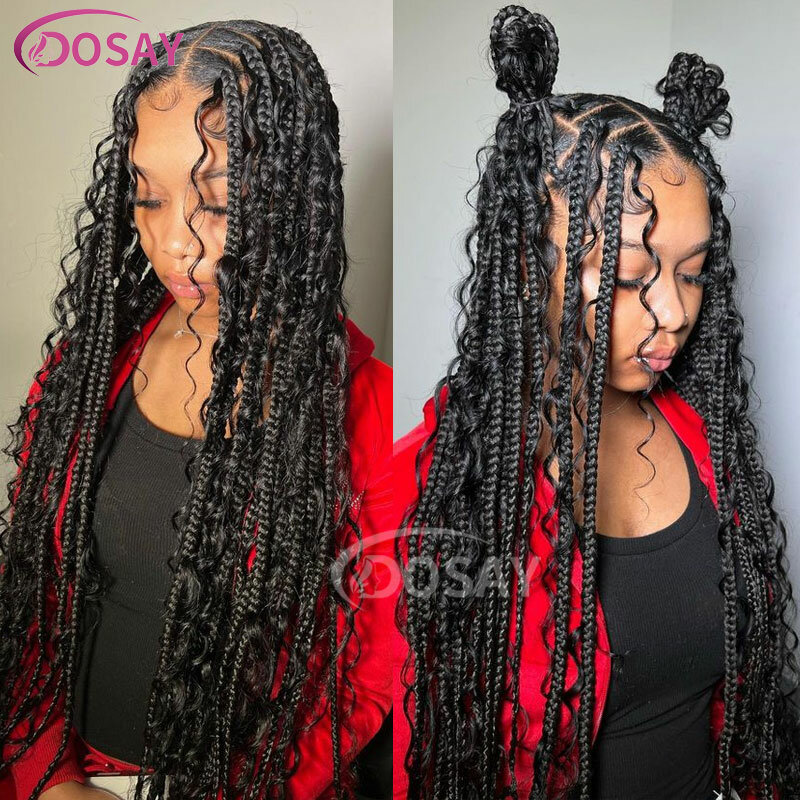 32Inch Boho Box Braided Wigs Bohemia Lace Front Goddess Locs Wig with Curly Ends Knotless Square Part Braided Wig with Baby Hair