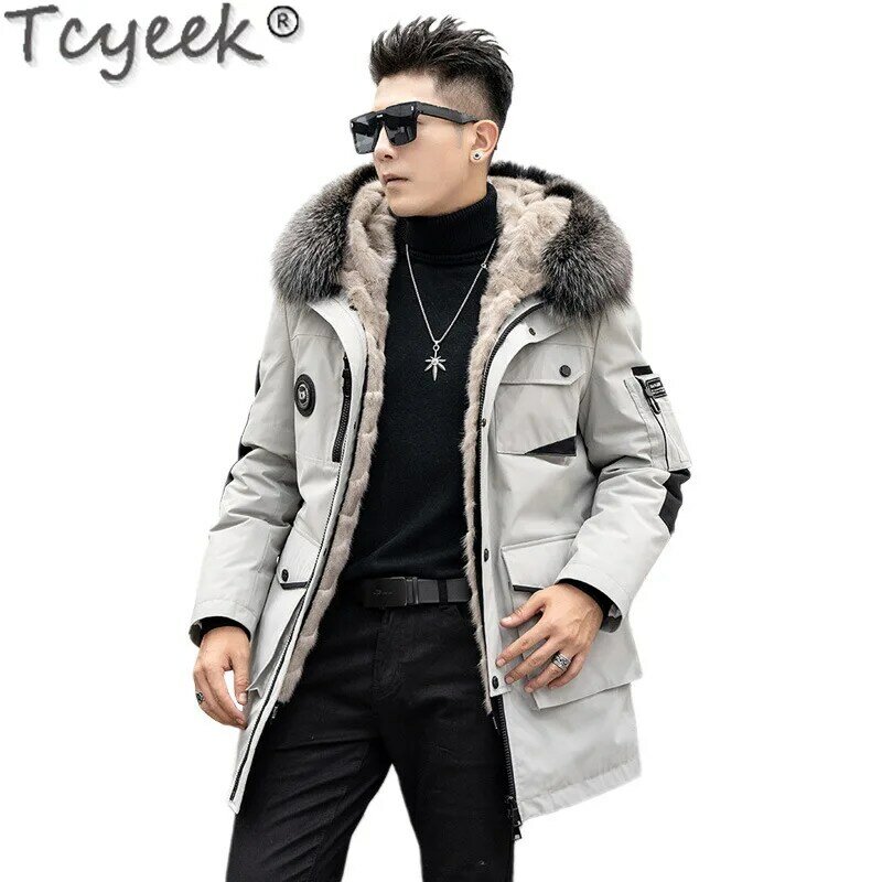 Tcyeek Natural Mink Fur Coat Men Winter Jacket Fashion Mid-length Parka Slim Fit Real Fur Coats Man Hooded Fox Fur Collar