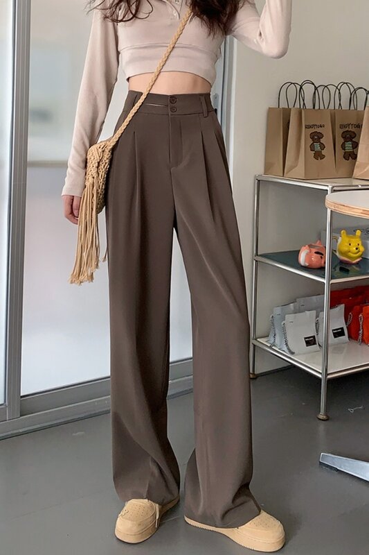 Pantalones informales de pierna ancha para mujer, traje recto de cintura alta, color negro y marrón, otoño e invierno, 2022