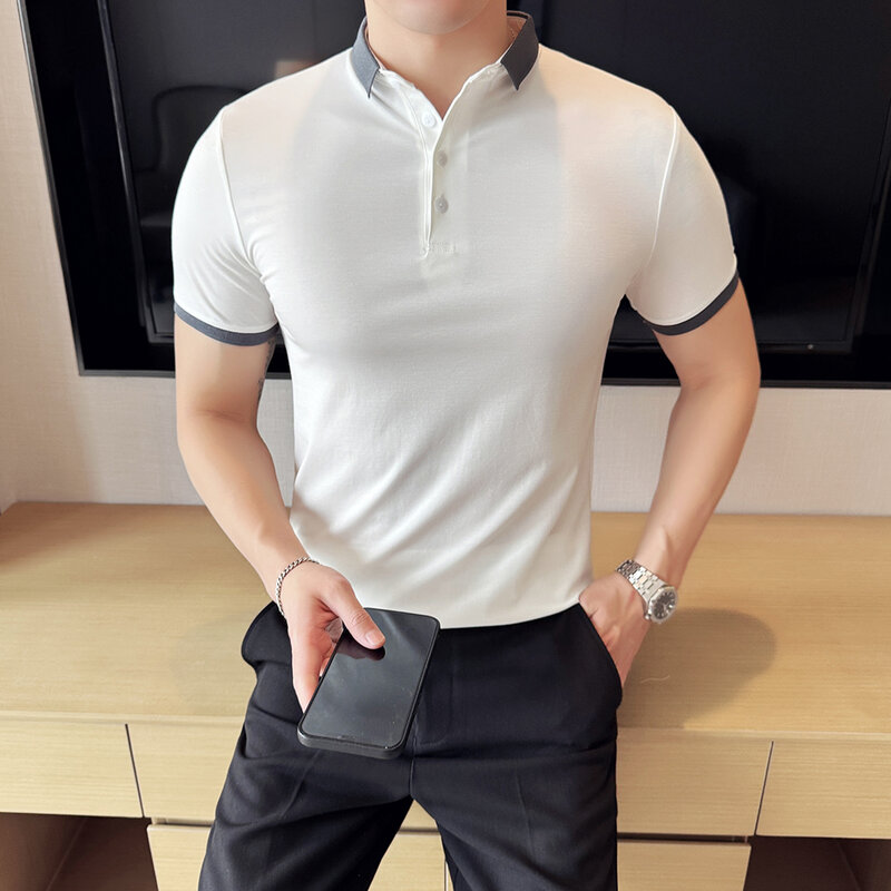2024 여름 캐주얼 퍼펙트 슬림핏 고탄성 폴로 셔츠, 라펠 얇은 단색 남성용 반팔 상의, 패션 시티 골프