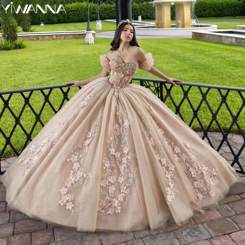 Gaun Prom Quinceanrra lengan dapat dilepas applique antik bunga 3D putri panjang Glitter mewah manis 16 gaun Vestidos