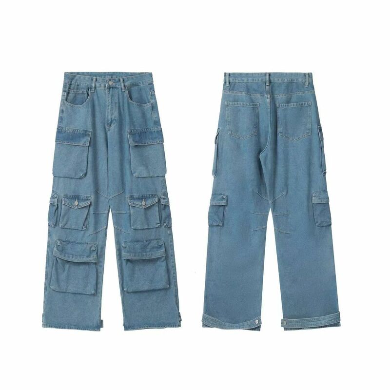 Zak Overalls Retro Street Fashion Hoge Taille Multi-Pocket Blauw Gewassen Jeans Paar Harajuku Casual Wijde Pijpen Broek Vrouwen