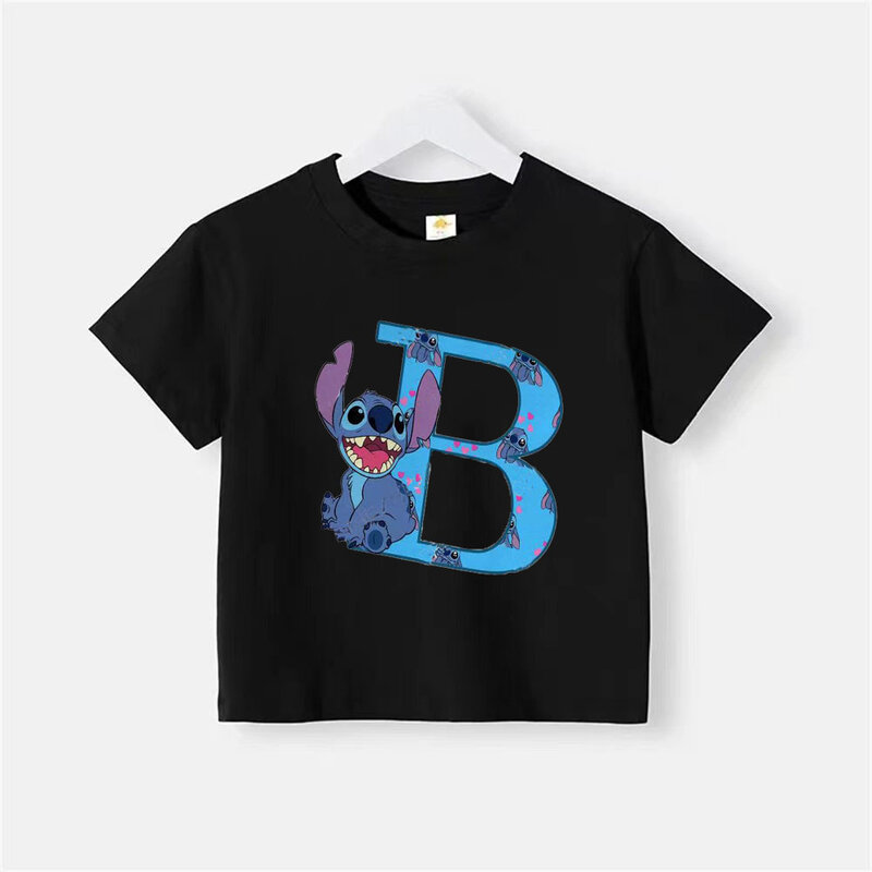 Kaus anak-anak katun A-Z huruf Stitch T-shirt kombinasi nama pakaian kasual anak-anak Kawaii kartun atasan anak perempuan dan laki-laki