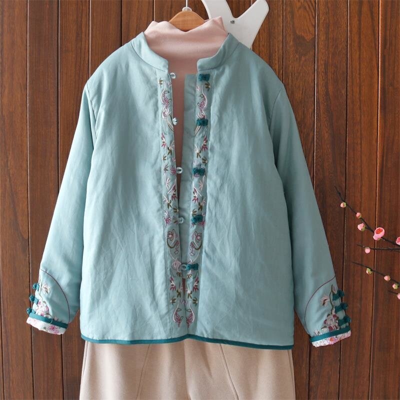Retro Cotton And Linen Jacket Embroidered Ethnic Style Women's Stand-Up Collar Buckle Chinese Parkas Coat Ladies Autumn Winter