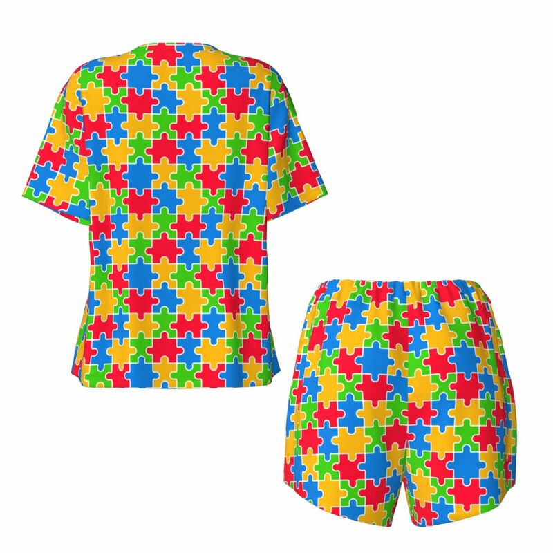 여성용 커스텀 프린트 다채로운 퍼즐, 자폐증 인식 잠옷 세트, 반팔 2 피스 잠옷, PJS 라운지 세트
