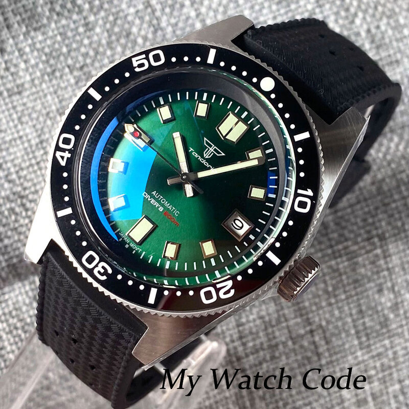Tandorio 62mas 200M Wasserdicht Mechanische Uhr für Männer AR Sapphire Kristall 120Clikcs C3 leucht Sport Stahl Uhr Sunburst