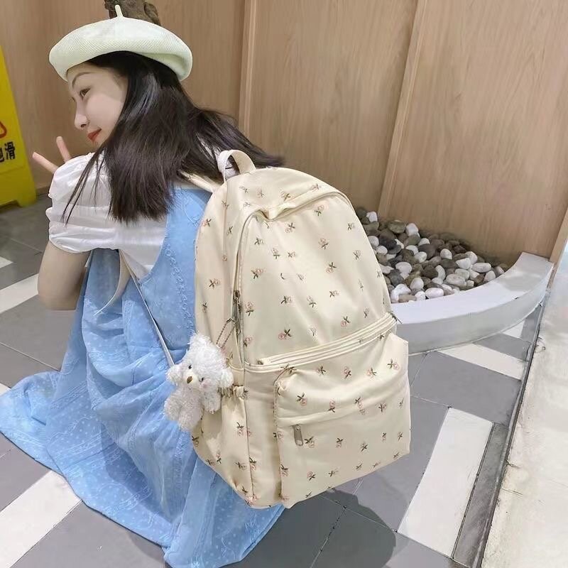 Элегантный кремовый женский рюкзак с нежной цветочной вышивкой, просторный Модный повседневный рюкзак, мягкие тканевые регулируемые ремни
