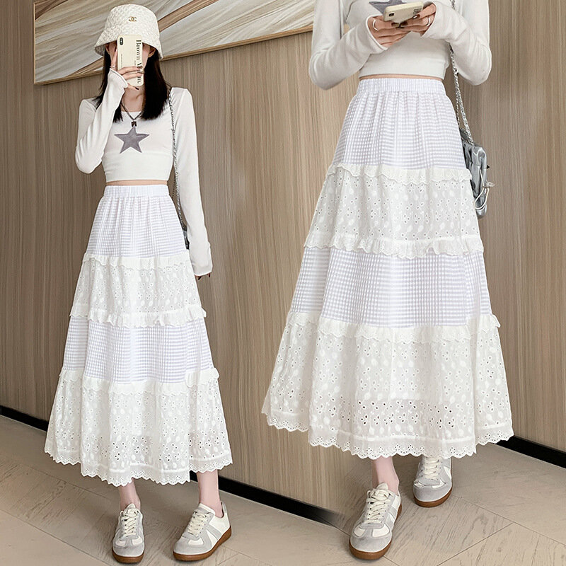 Fashion Women A Line Solid Long Skirt Women's White High Waist Ruffled Irregular Pleated Loose Female 2024 Summer Y2k Clothes