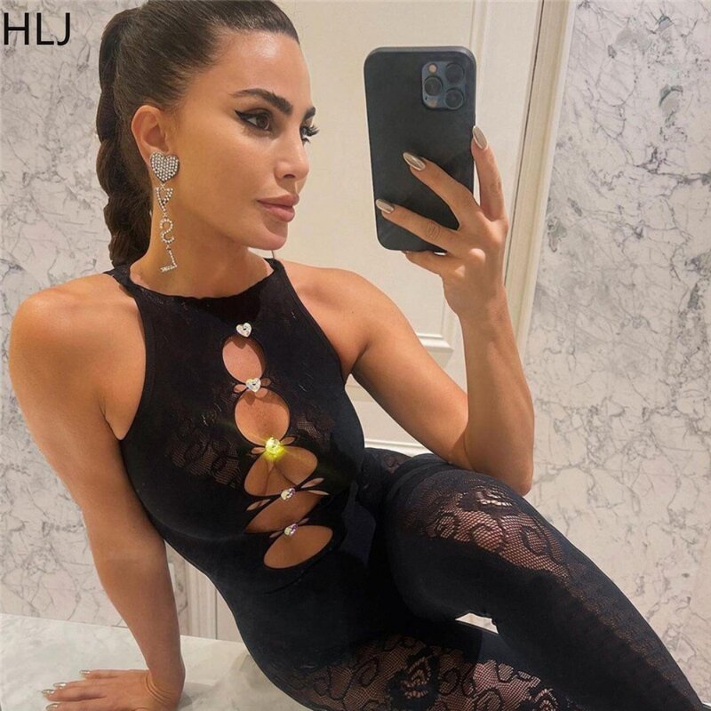 HLJ Sexy Mesh Perspective Hollow Out Bodycon Jumpsuits Women Round Neck Sleeveless Slim Playsuit Fashion Print Nightclub Overall