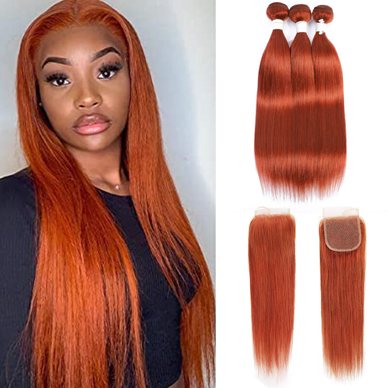 Steil Haar Bundels Met Sluiting Gember Oranje Kleur 100% Menselijk Haar Weven Bundels Met Sluiting Braziliaanse Remy Hair Extension