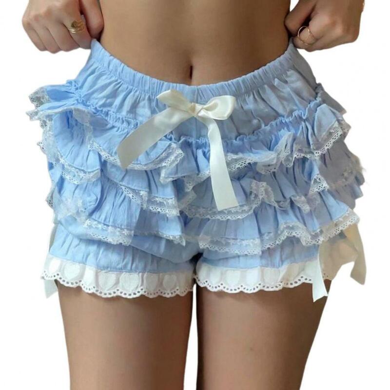 Celana pendek wanita musim panas Chic celana pendek wanita renda pita elegan dengan pinggang tinggi elastis desain berlapis untuk festival musik