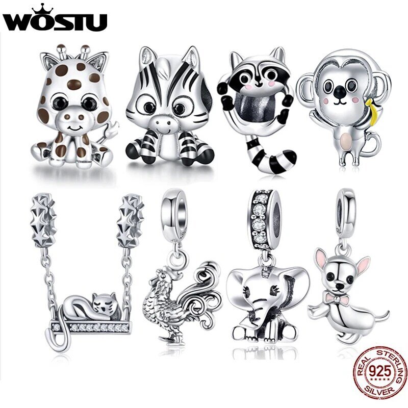 WOSTU-925 Sterling Beads De Prata Para As Mulheres, Encantos De Animais, Girafa, Zebra, Unicórnio, Se Encaixa Pulseiras Originais, Colar, Fazer Jóias DIY