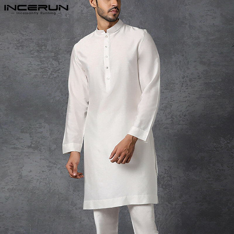 INCERUN 남성용 무슬림 셔츠 스탠드 칼라 긴팔, 이슬람 아랍 카프탄 단색 스트리트웨어, 캐주얼 긴 셔츠, 남성 의류, 5XL