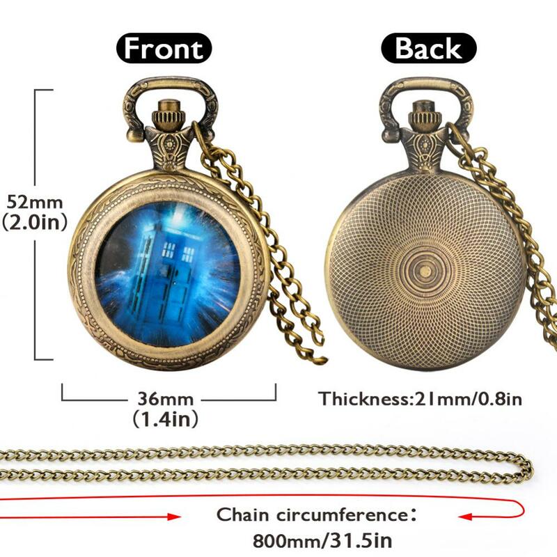 Anime Clock Bronze Medium Size Blue Telephone Booth Pendant Quartz Pocket Watch Cosplay Gifts for Fans with 80cm Necklace Chain