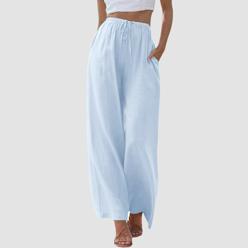 Boho Casual Pants for Women Loose Vintage Solid Basic Drawstring High Waist Wide Leg Trousers Summer Women's Comfy Beach Pants