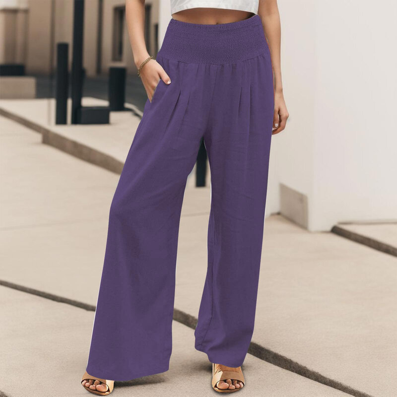 Spring Summer for Women 2024 New Women Pants Office Lady Cotton Linen Pockets Solid Loose CasualWide Leg Long Trousers