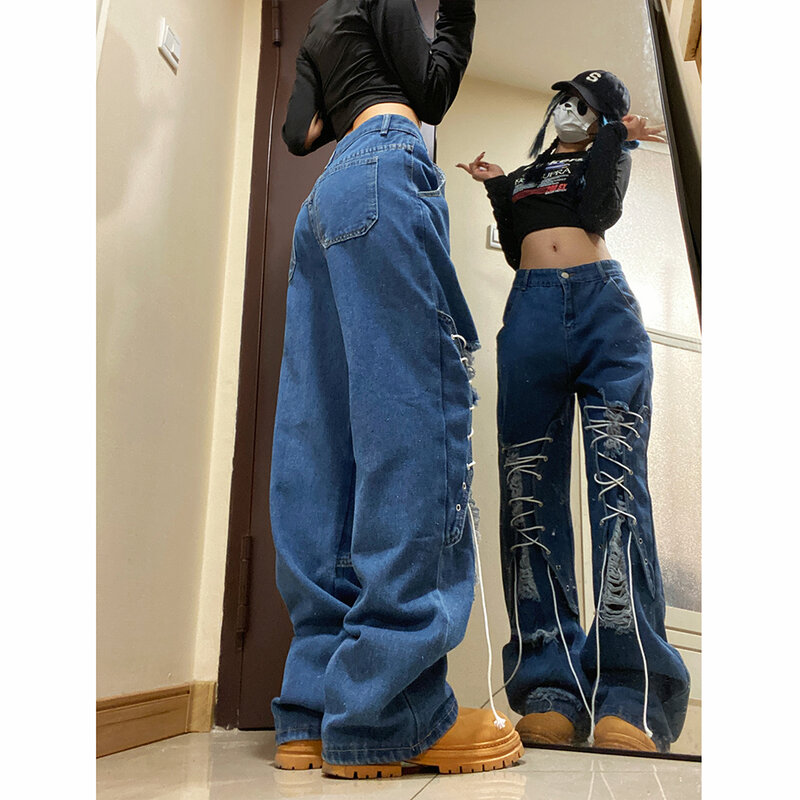 High Street Casual Lace up Ripped Baggy Jeans Women's Y2K Fashion Design Hip Hop Pants Couples Floor Length Jeans Baggy Pants