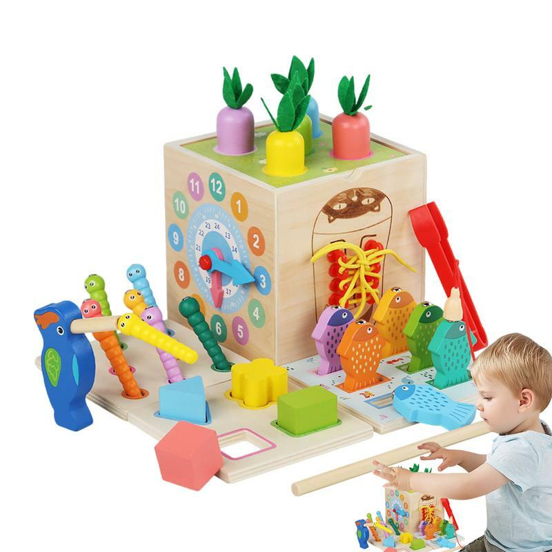 Centro attività in legno 8-in-1 giocattolo educativo smistamento impilabile cubo di attività cubo da gioco in legno forniture per bambini per 1-3 anni