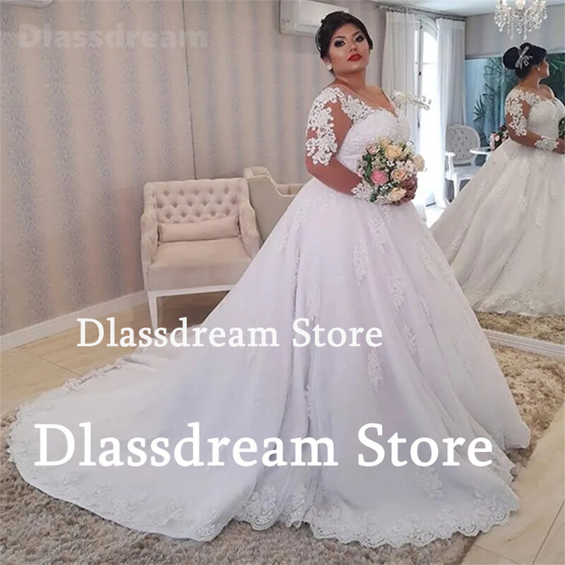 New Luxury Women Wedding Dress Sheer Scoop Neck Long Sleeves Princess Prom Ball Gown Lace Appliques A-Line Tulle Bridal Gown