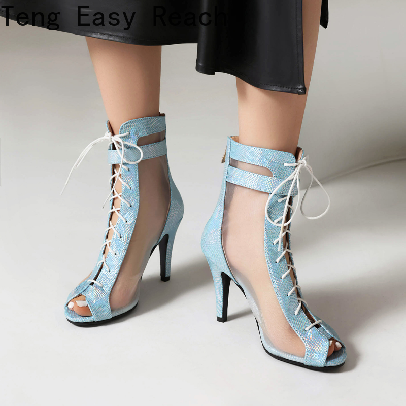 Botas de malla con boca de pez para mujer, zapatos de tacón alto transpirables con cordones, sandalias puntiagudas Negras, moda romana de verano