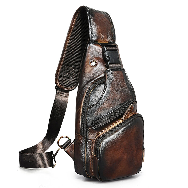 Bandolera triangular de cuero Real para hombre, bolso de viaje Vintage suave con correa para el hombro, diseño de 8 pulgadas, 8015