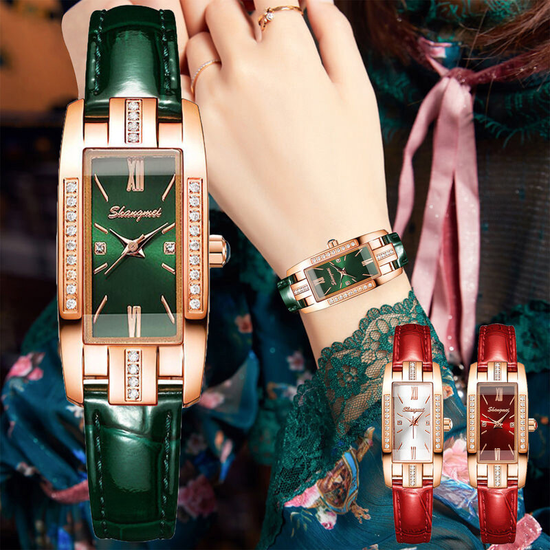 Luksusowy modny damski skórzany pasek prostokątny zegarek kwarcowy