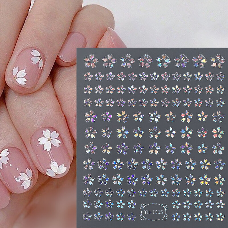 Stiker kuku bunga Sakura Laser 3D stiker Aurora bintang berkilau kupu-kupu bunga penggeser berperekat ceri mekar manikur
