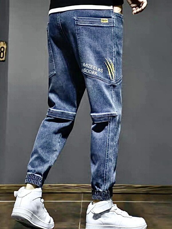 2024 Men Spring and Autumn Fashion Trend Denim Loose Fitting Leggings Nine Division Outfit Mid Waist Versatile Casual Pants