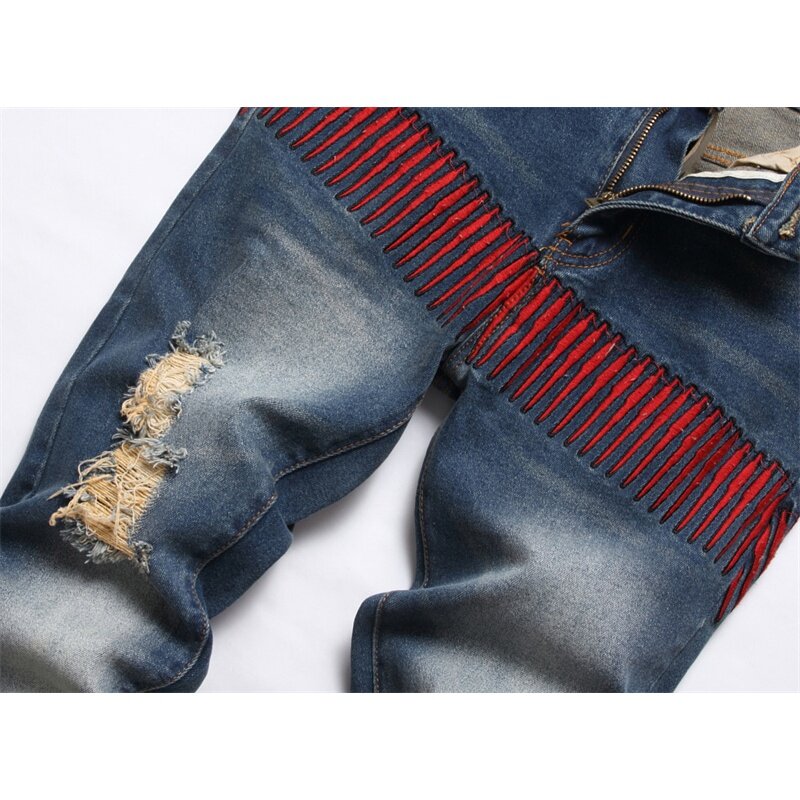 Retro Tattered Jeans Jeans Men's Personalized Embroidery Fashion Street Fashion Brand Slim Fit Feet Washed High-End Trousers