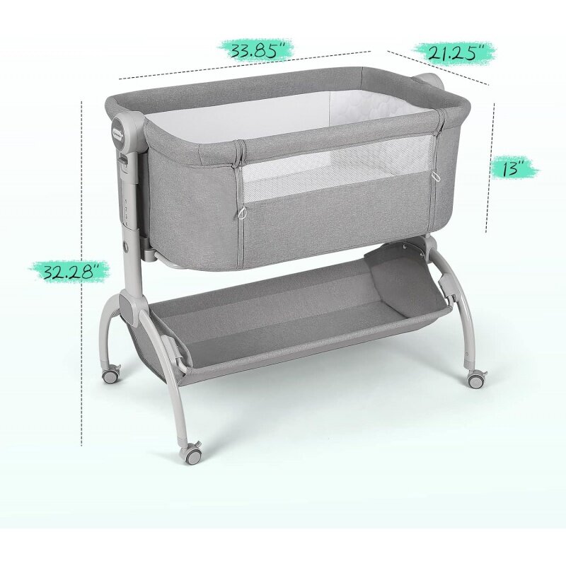 Cowiewie Baby Bassinets with Universal Wheels with Brakes Co Sleeper Bassinet with Storage, Double-Lock Patent Design; 7-Level H