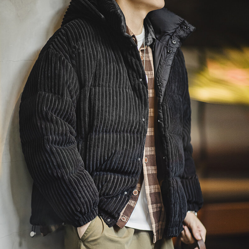 Мужской вельветовый пуховик Maden, теплая полосатая куртка-пуховик с капюшоном, винтажная черная стеганая куртка со съемным воротником, зима 2023