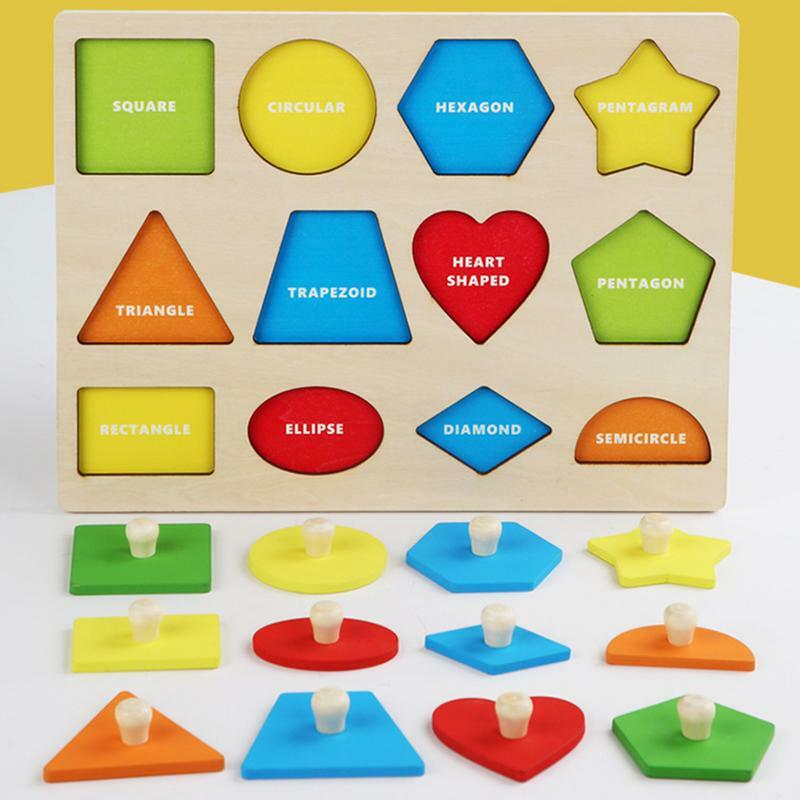 Montessori Multiple Shape Puzzle Toddler Shape Sorter Toy Shapes Jumbo Knob Wood Puzzle Hand Grasping Board Learning Toys